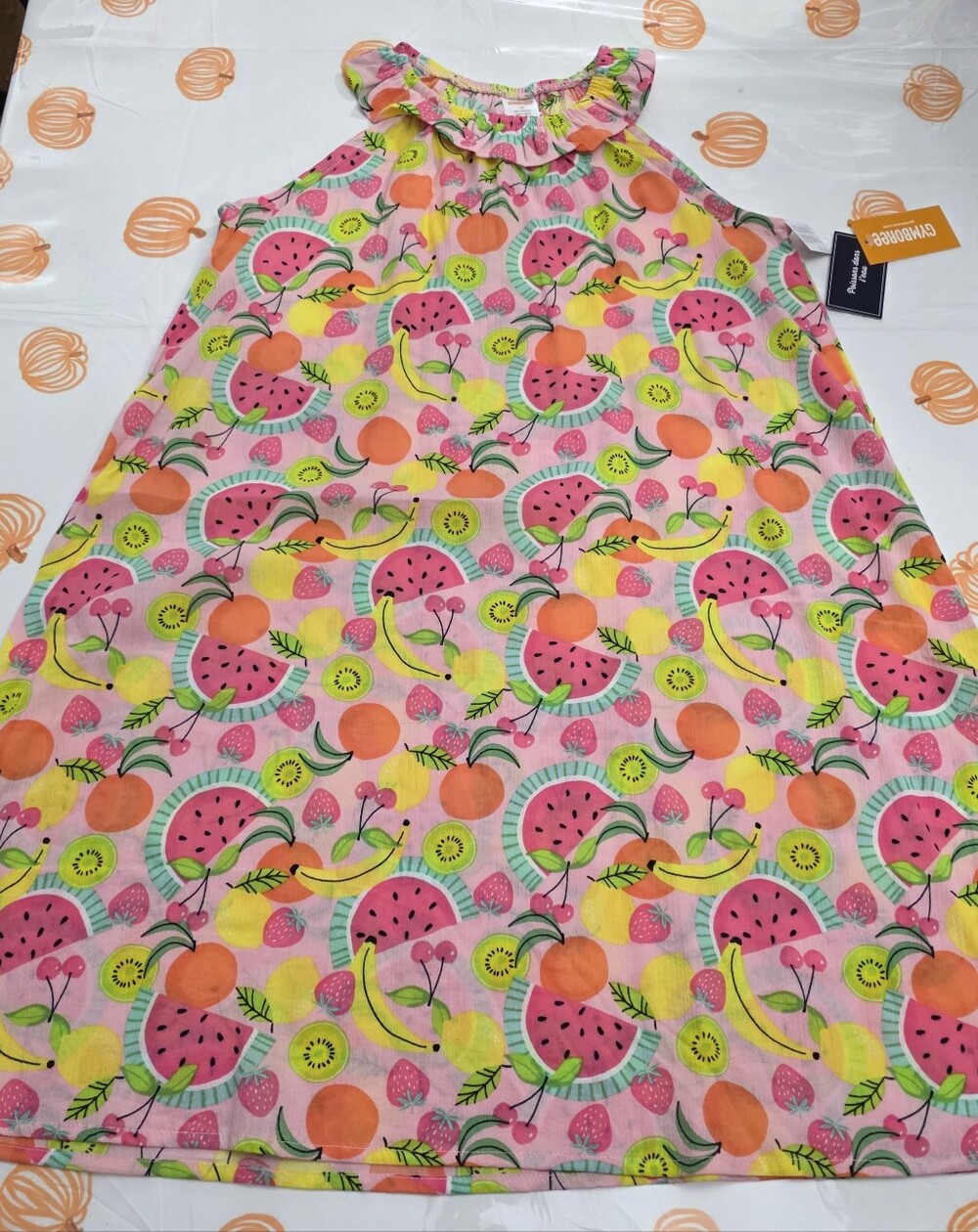 Gymboree Pink Fruits Colorful Print Ruffle Neck Dress Size 12 NEW with Tags